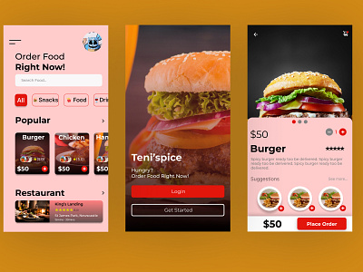 Teni'spice app burger cart dark mode delivery food food delivery app hamburger homescreen location login page newcastle order payment place restaurant tracking