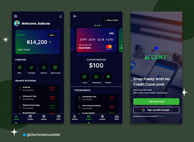 aCCENT accent airtime bills credit card darkmode deposit dollar earn fintech freeze funds home invest nigerians referral transfer ui virtual cards wallet withdraw