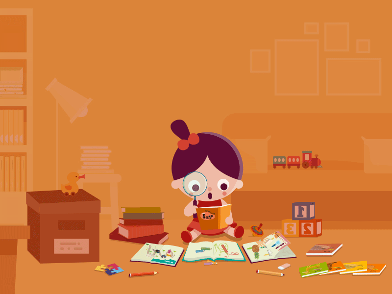 Girl animation book character girl library magnifier motion study studying