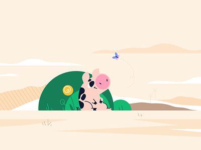 Piggy animal bushes butterfly character concept character design farm flat style illustration landscape pig piggy scenery vector village windmill