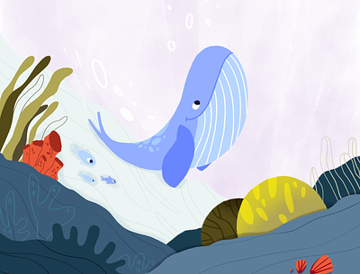 Whale character childrens illustration concept coral cute fish flat style hand drawn illustration sea seaweed underwater world vector watercolor whale