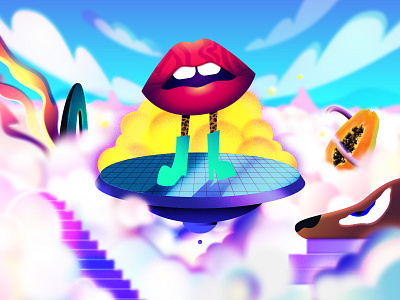 Rock Lips branding character design disco dog environment flat style illustration lips mad papaya sky stage stairs surreal surrealism texture ui vector