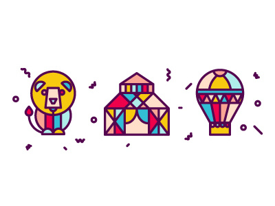 Circus icon set air balloon circus fancy flat style geometric icon set lion logo marquee trainer