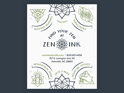 Zen Ink Field Guide Ad ad asheville crystal energywork field gifts guide ink mandala metaphysical moon mountains piercings print reiki tattoo triangle vegan zen