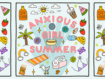 Anxious Girl Summer Illustration anxiety butterfly cheetos doodle florida hand lettering illustration la croix mental health palm tree rainbow summer