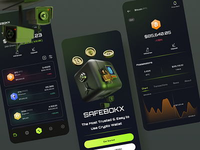 SAFEBOKX - Cryptocurrency Wallet App in Dark Mode app design banking bitcoin chart crypto crypto app crypto wallet cryptocurrency dark dark ui design exchange finance fintech mobile mobile app mobile design porduct design trading wallet