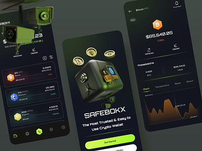 SAFEBOKX - Cryptocurrency Wallet App in Dark Mode app design banking bitcoin chart crypto crypto app crypto wallet cryptocurrency dark dark ui design exchange finance fintech mobile mobile app mobile design porduct design trading wallet