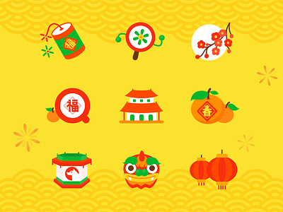 ICONS for The Spring Festival chinese new year fire cracker lantern lion orange plum blossom the spring festival tradition