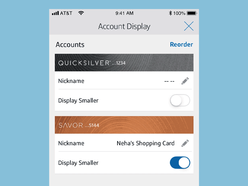 Account Display Settings: Reorder Mode animation app bank capital one model principle rearrange reorder