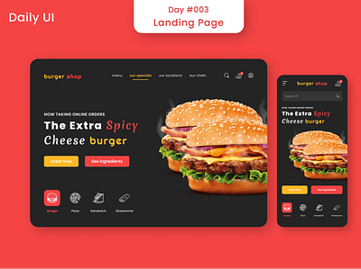 Daily Ui Challenge - Landing Page 003 banner burger burgershop dailyui dailyuichallenge darktheme day003 design fastfood landingpage mobiledesign reddesign uidesign uiux webdesign