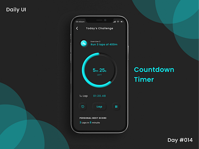 Daily Ui Challenge - Countdown Timer appui countdown timer dailyui dailyuichallenge darktheme day014 day14 fitness app fitness app ui gym app lap counter mobile app ui mobile mockup neomorphism stop watch stopwatch app timer uidesign uiux