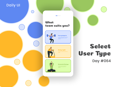 Daily UI Challenge - Select User Type appui dailyui dailyuichallenge dark theme day 64 day 64 select user type fitness fitness app light theme select mode select package select role select user switch user ui uidesign uiux workout yoga app