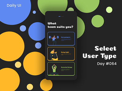 Daily UI Challenge - Select User Type (Dark mode) appui dailyui dailyuichallenge dark theme day 64 day 64 select user type fitness fitness app light theme package selection select mode select package select user select user type ui uidesign uiux workout yoga app