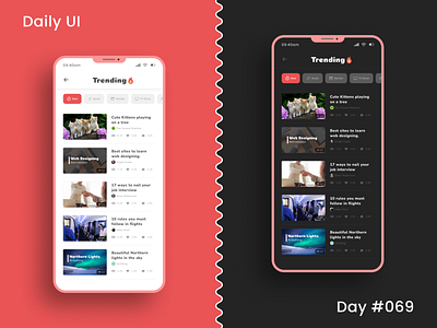 Daily UI Challenge - Trending appui daily ui challenge trending dailyui dailyuichallenge dark mode dark theme day 69 day 69 trending light theme popular popular page popular post social media top 10 trending trending page ui uidesign uiux video app