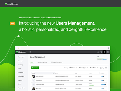 QuickBooks Online — User Management Experience design exploration green color intuit product design quickbooks quickbooks online table view tabs ui user management users users limit ux visual exploration web web app