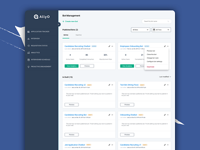 AllyO — Bot Management Concept ai bot bot management card design card ui cards dashboard ui design design exploration interaction design recruiting bots ui ux visual exploration web app