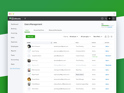 QuickBooks Online — User Management I access level design exploration design system employees interaction design intuit product design prototype quickbooks quickbooks online roles and permissions ui user management users ux visual exploration web web app workforce