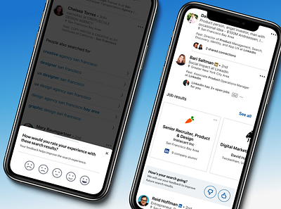 LinkedIn — Global Search Feedback I (Mobile) design exploration design patterns explicit signals feedback ios app linkedin machine learning mobile mobile app search search relevance search results thumbs down thumbs up ui user feedback ux