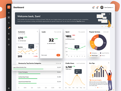 Side Project — Marketplace for Local Professionals II card design cards ui chart design charts concept design dashboard dashboard design data visualization insights kpi marketplace metrics product design side nav tooltips ui ux web app