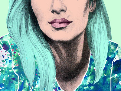 Girl with green hair bubblegum illustration pencil portrait