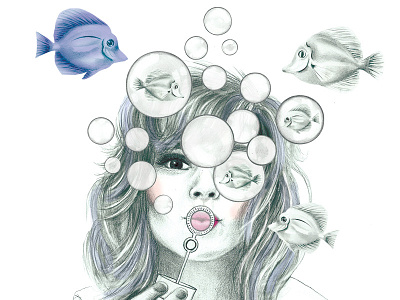 Fishblow bubbles drawing fish girl hair illustration pencil portrait
