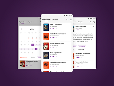 Forkread app design books buy calendar card design daily ui design flows list view rating rent stars