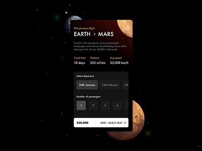 Destination Mars app dark theme earth flight booking mars moon space stars travel ui
