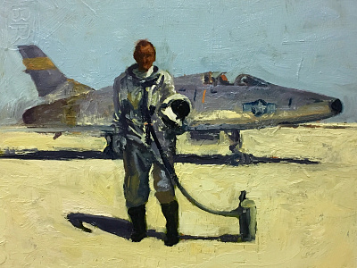 Study of Bill Dana near an F-100 airplane painting study