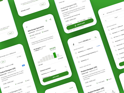 Jora mobile app Design android app design filter graphic green ios job search material ui mobile app parallax search search results sketch video