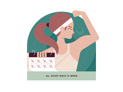 Ms. Eight-Days-a-Week art athleisure brushes calendar character clean clean design earthtones green illustration kiss minimal muscle ponytail sweatband texture vector woman workout