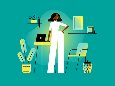 Werkin character computer confident fashion glow gradient home office illustration illustrator minimal personality plant remote work scandal scene simple style vector woman work