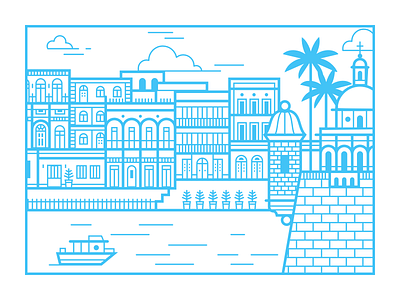 Island Life blue boat building city illustration landmark landscape old san juan flat vector