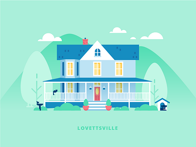 Lovettsville building cat color dog flat green home sweet home house illustration vector