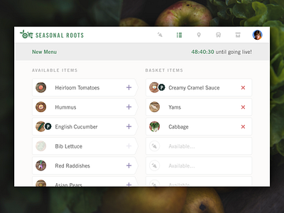 Seasonal Roots Menu Builder admin food delivery fresh icons local product ui ux vegetables web website