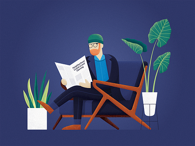 A Big Moment beard blue business chair character design glasses gradient illustration jeans light modern moody newspaper plants reading shading texture vector wood