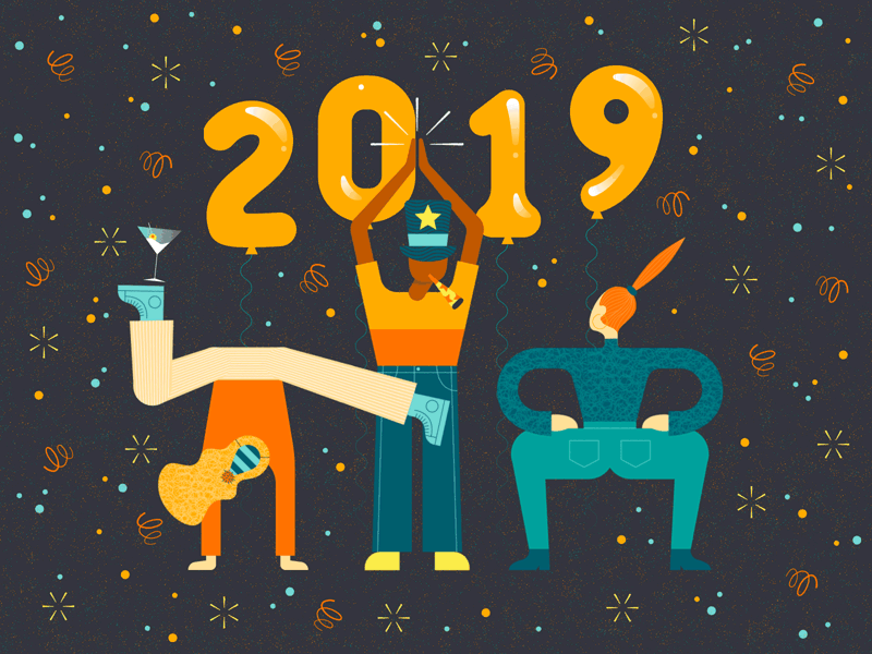 Party Like It's 2019 animation balloons celebration character confetti dance design drink flat gif hair handstand illustration martini new years party pattern texture twerk vector