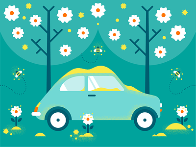 First Day of Spring art bee blue car color cute design equinox fiat flower graphic design green illustration illustrator nature pollen spring texture tree vector