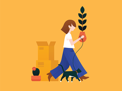 Moving Priorities I art cactus cat character clean clothing design fashion illustration jeans minimal moving outfit packing pants plant shoes vector walking yellow