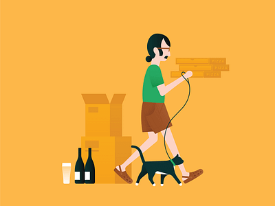 Moving Priorities II art beer cat character clean clothing crocs design illustration man bun minimal moving mustache outfit packing pizza shorts strutting vector walking