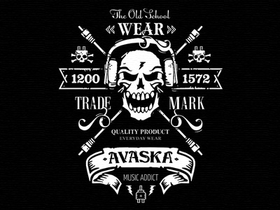 Avaska №2:) addict avaska black brand headphones illustration logo music old school skull t shirt voltage white wire