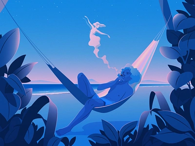 Nights Like This | Personal adobe illustrator beach blue editorial illustration hammock magical realism nostalgia sunset