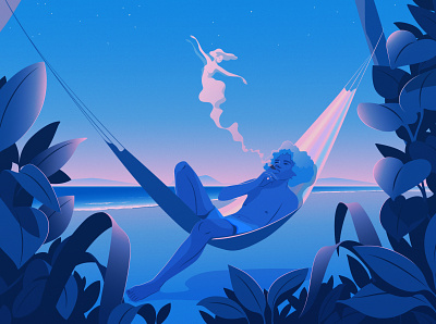 Nights Like This | Personal adobe illustrator beach blue editorial illustration hammock magical realism nostalgia sunset