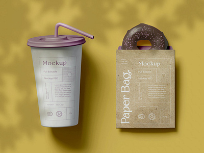 Paper Cup with Bag and Donut Mockup bag branding breakfast coffe design donut mockup food food mockups free freebie identity illustration mockup paper cup pastry photoshop psd scene scene psd snack