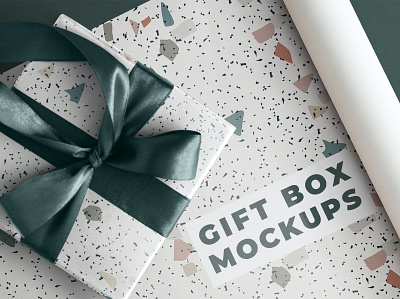 Terrazzo gift box mockup with green ribbon birthday box branding design free freebie gift gift box green ribbon identity illustration mockup mockups package paper photoshop product mockups terrazzo text wrapper