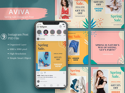 Aviva - Spring Sale Instagram Post branding business design free freebie identity illustration instagram instagram post instagram template mockup modern offer photoshop promotion psd retail sale instagram social media spring sale