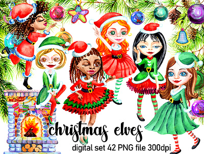 Christmas Elves Clipart christmas elf christmas elves christmas tree decorations png digital elves illustration fir branches fireplace christmas merry christmas new years pine branches png png scrapbooking clipart watercolor clipart watercolor png watercolors