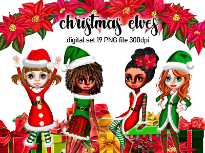 Christmas elves a christmas gift christmas elf christmas elves christmas star decorations png digital elves illustration fir branches merry christmas new years png poinsettia set png scrapbooking clipart