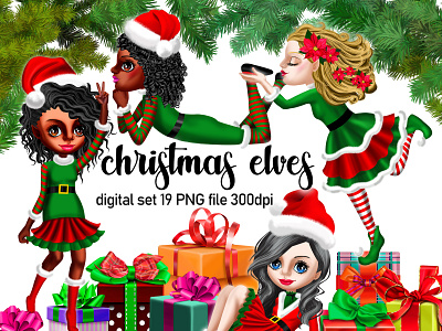 Christmas elves christmas elf christmas elves christmas tree decorations png design digital elves illustration fir branches gift boxes png illustration merry christmas new years pine branches png png scrapbooking clipart