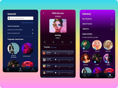 Music player app aesthetics app branding choose artists design edit icon icons illustration library logo music music app mypalylists play songs player search ui ux vector