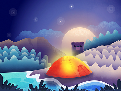Forest trip 2d bear forest illustration light mountain night river sky tent texture